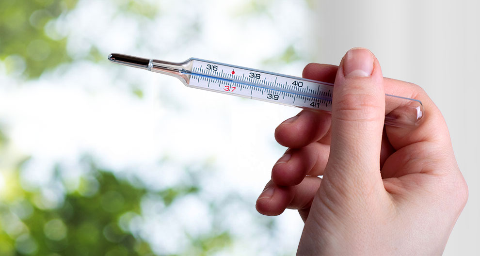 A hand holds a clear glass thermometer with a red mercury column, set against a blurred background of greenery.